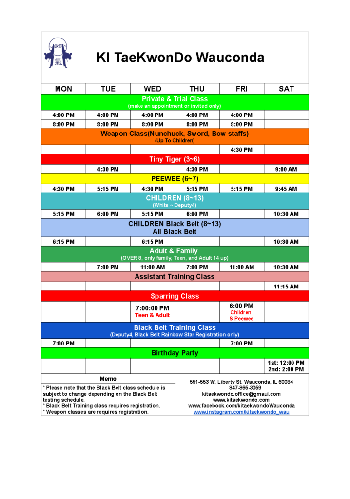 New Schedule - Ki Taekwondo Wau.