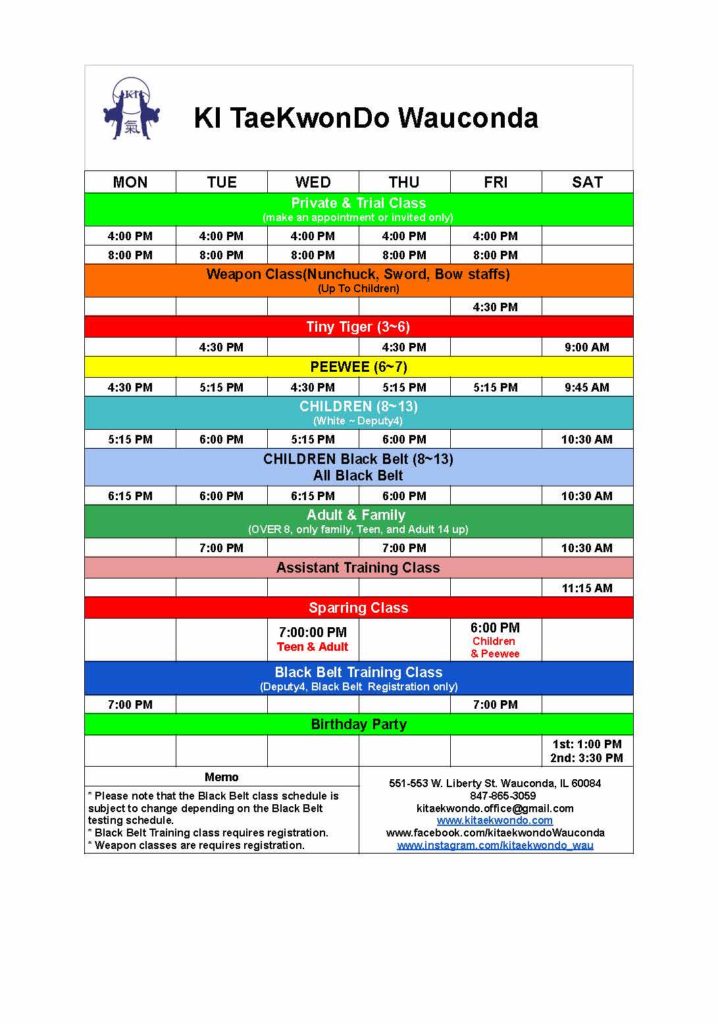 Ki TKD Schedule - 2026 fall new (August 17~)